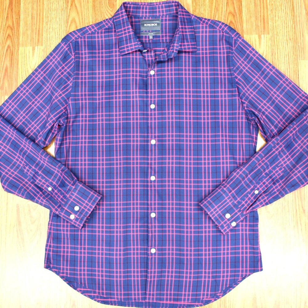 BONOBOS SLIM FIT SHIRT LIGHTWEIGHT NYLON/SPANDEX NAVY & PINK Sz LARGE, L